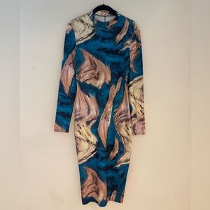 Elegant Blue and Beige Fitted Patterned Dress